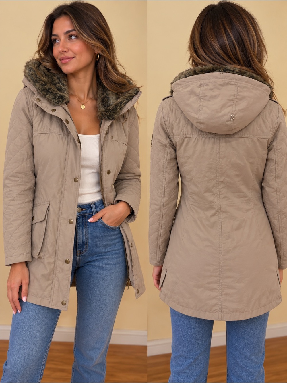 Zara Taupe Quilted Hooded Parka with Faux Fur Trim